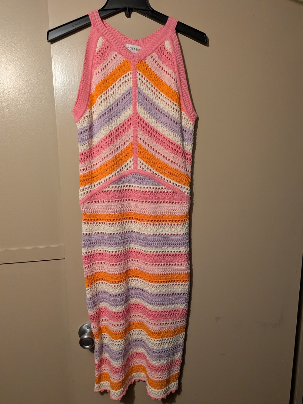 Sleeveless Crochet Chevron Maxi Dress in Pink, Orange, Lavender, Cream